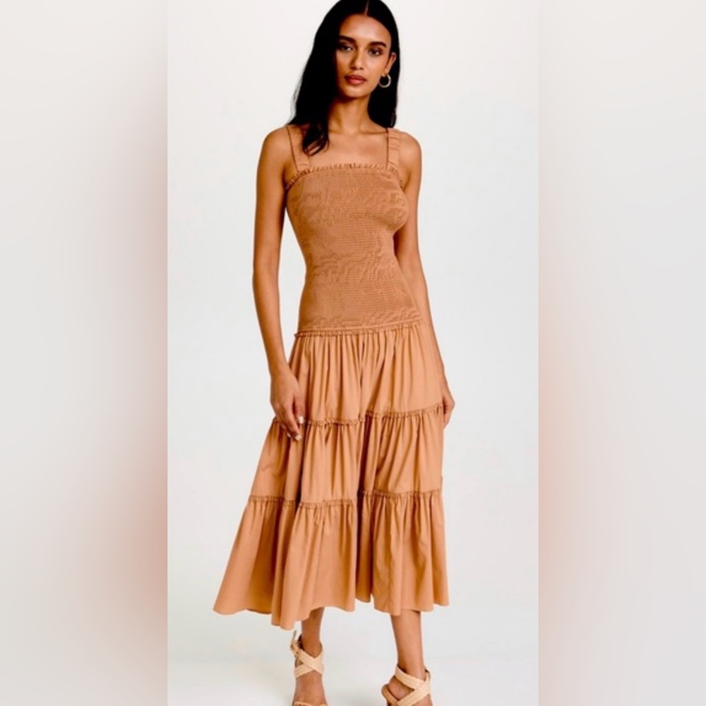 Cinq a Sept Rina Tiered Smocked Side Slit Drop Waist Sahara Brown Size 4